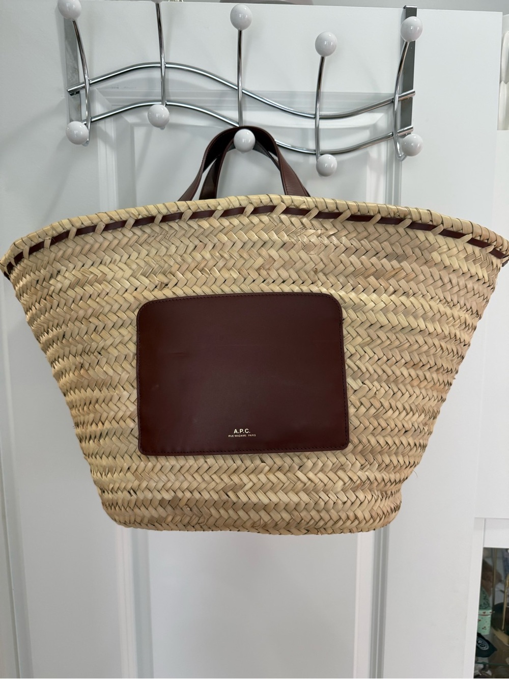 A.P.C. Straw Tote with Brown Leather Pocket and Handles
